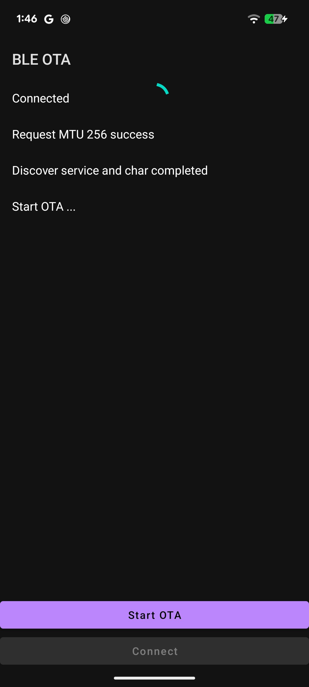 The same app four minutes later, showing Start OTA with a progress spinner while the image transfers.