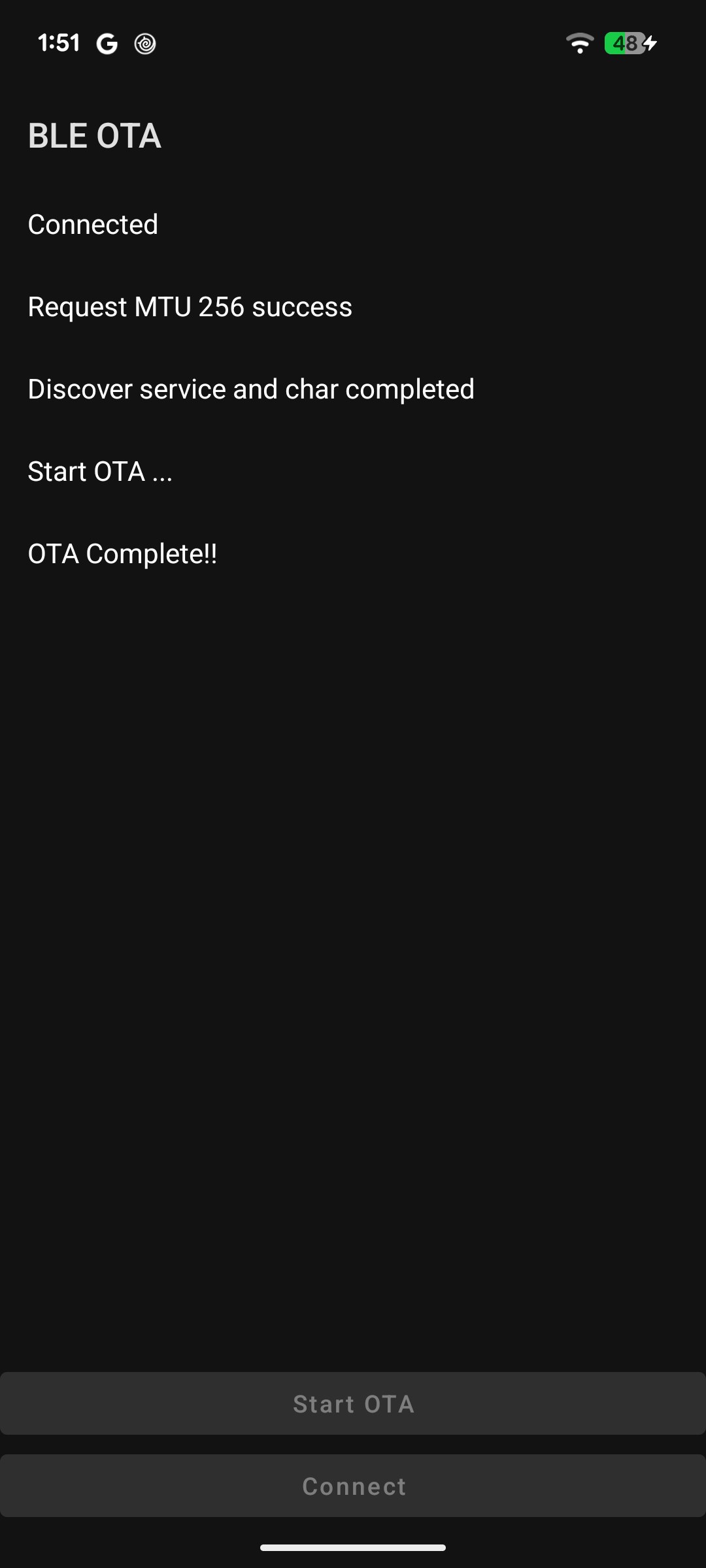The same app nine minutes after connecting, showing OTA Complete.