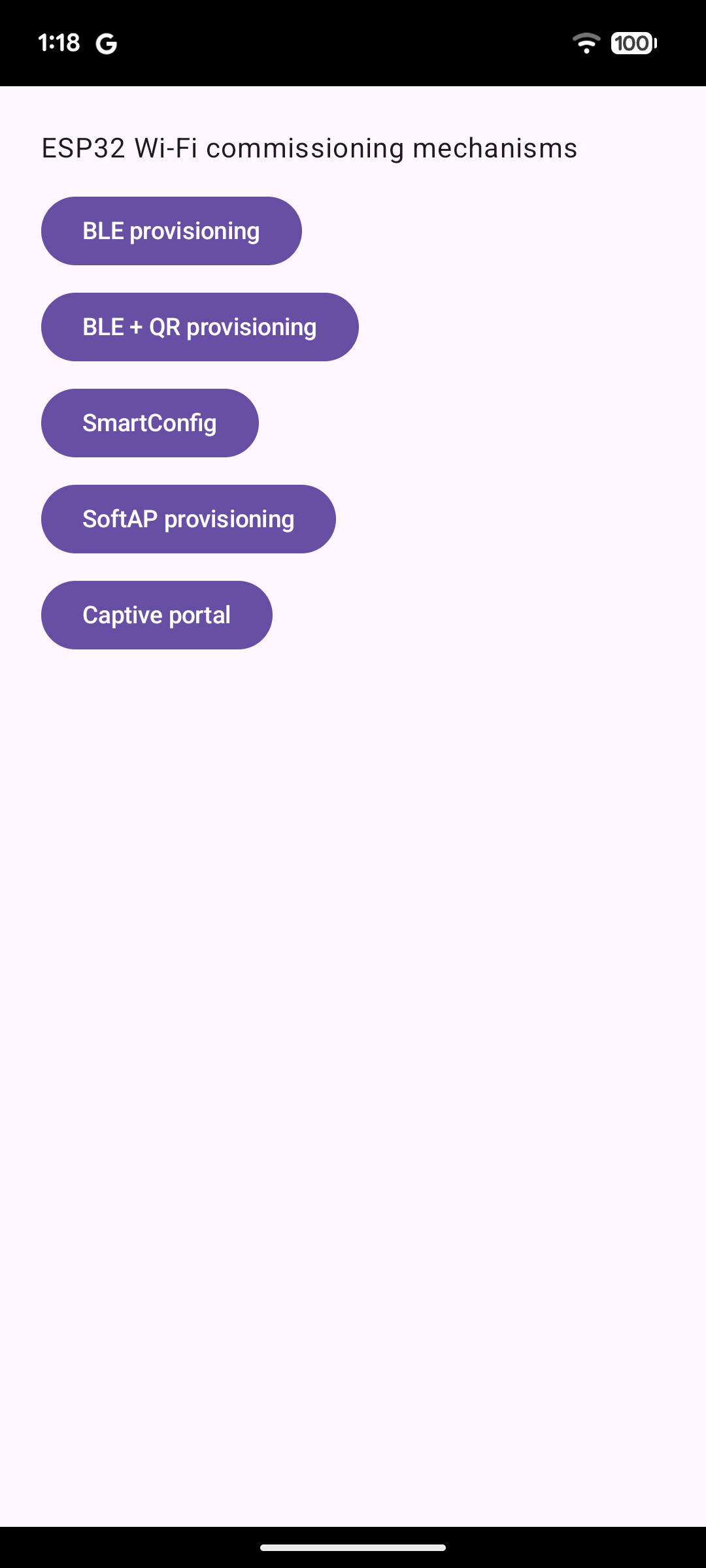 The app's home screen: a plain white background with a list of five purple buttons, one per Wi-Fi commissioning mechanism, labeled BLE provisioning, BLE + QR provisioning, SmartConfig, SoftAP provisioning, and Captive portal.