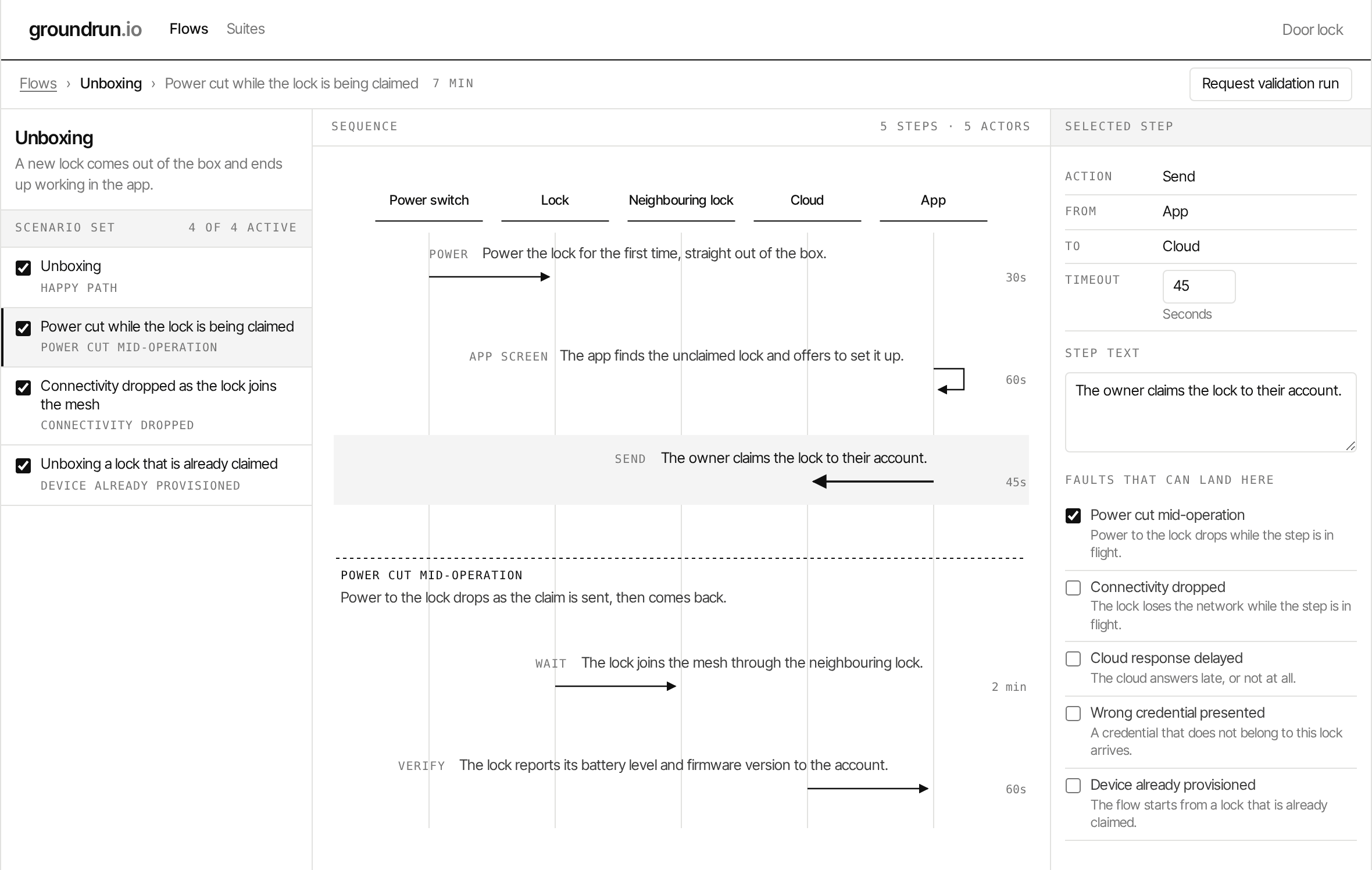 The Groundrun flow builder. On the left, the unboxing flow with the four scenarios it was broken into. In the middle, the sequence a scenario runs through, with a power cut landing part way down it. On the right, the selected step with the faults that can land on it.